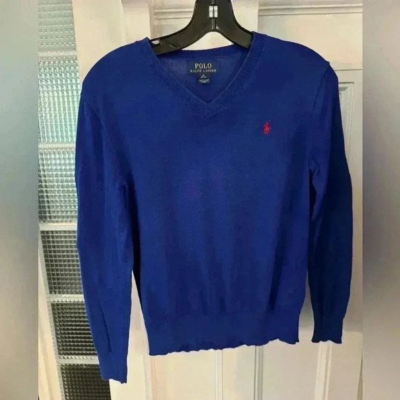 Polo Ralph Lauren boys knit V-Neck sweater.  blue w/elbow patches sz M 10-12 - Picture 1 of 11